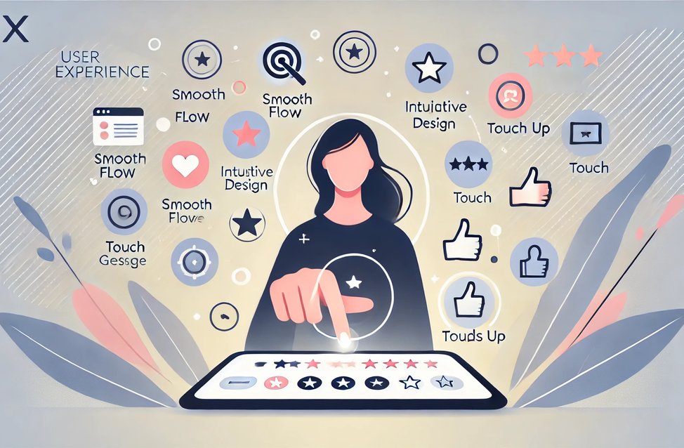 A clean and modern vector illustration representing user experience (UX). The image shows a person interacting with a digital interface on a tablet, s