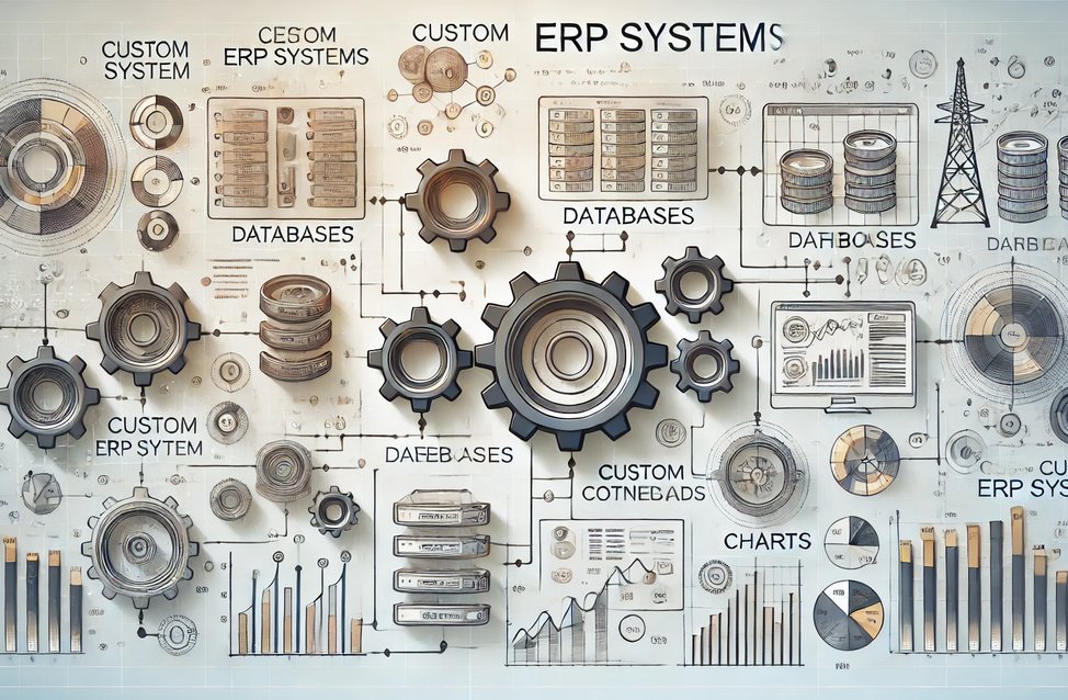 A landscape format image representing custom ERP systems with more detail but still maintaining a clean and professional aesthetic. The image features