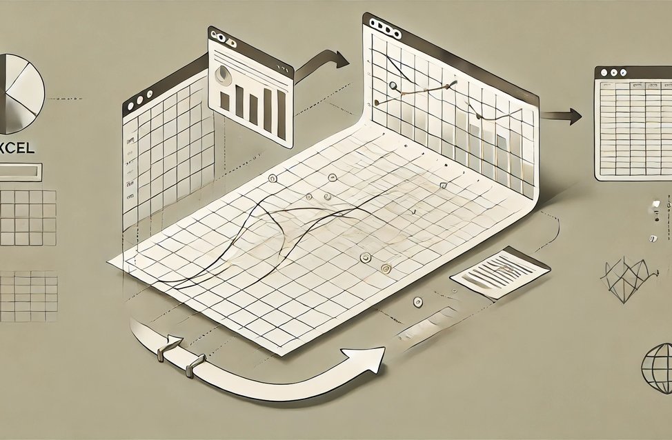 A minimalistic landscape format image representing the transition from Excel to a web application. The image features simple, clean lines showing the