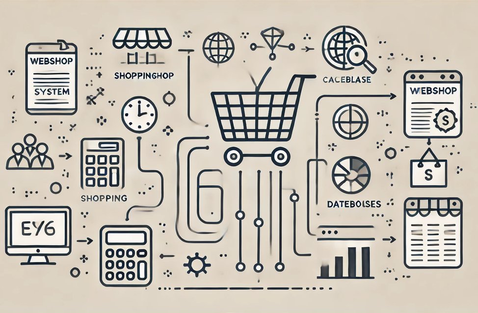 A minimalistic landscape format image representing webshop integration with accounting systems. The design features simple, clean lines with icons suc