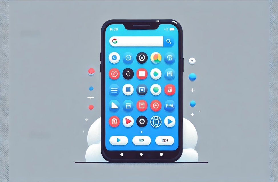 A vector-style illustration of a modern smartphone displaying a home screen with various app icons, including a Progressive Web App (PWA). The screen