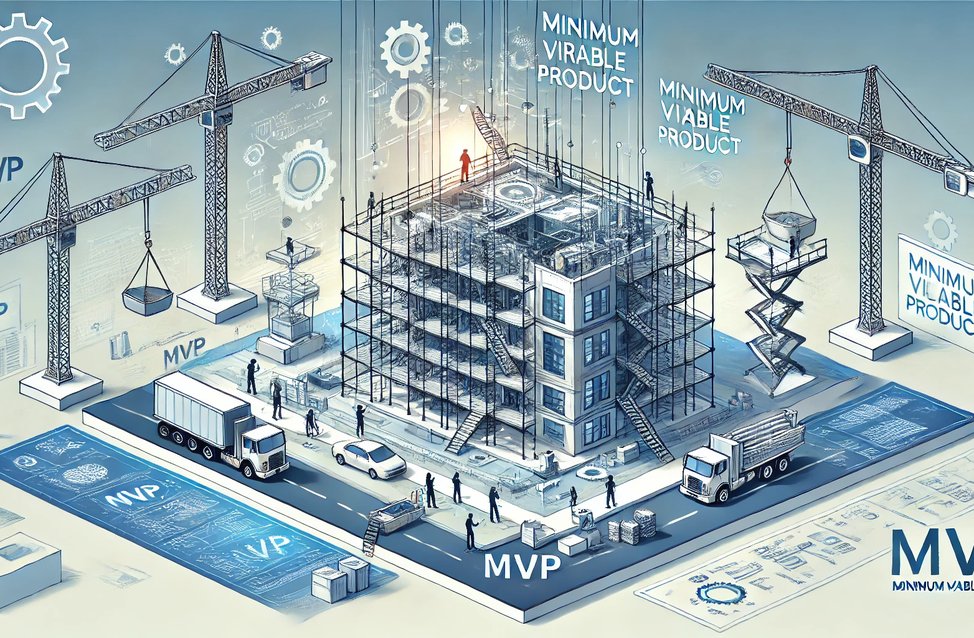 A vector illustration showing the development of an MVP (Minimum Viable Product) as a construction site in a landscape orientation. The scene features