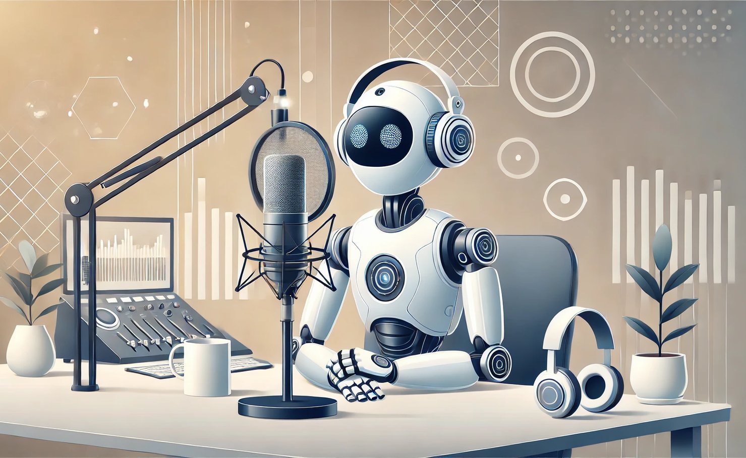 A visually appealing vector-style image of a futuristic robot speaking into a podcast microphone. The robot is sleek, modern, and has an engaging, fri