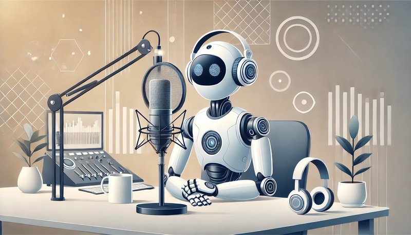 A visually appealing vector-style image of a futuristic robot speaking into a podcast microphone. The robot is sleek, modern, and has an engaging, fri