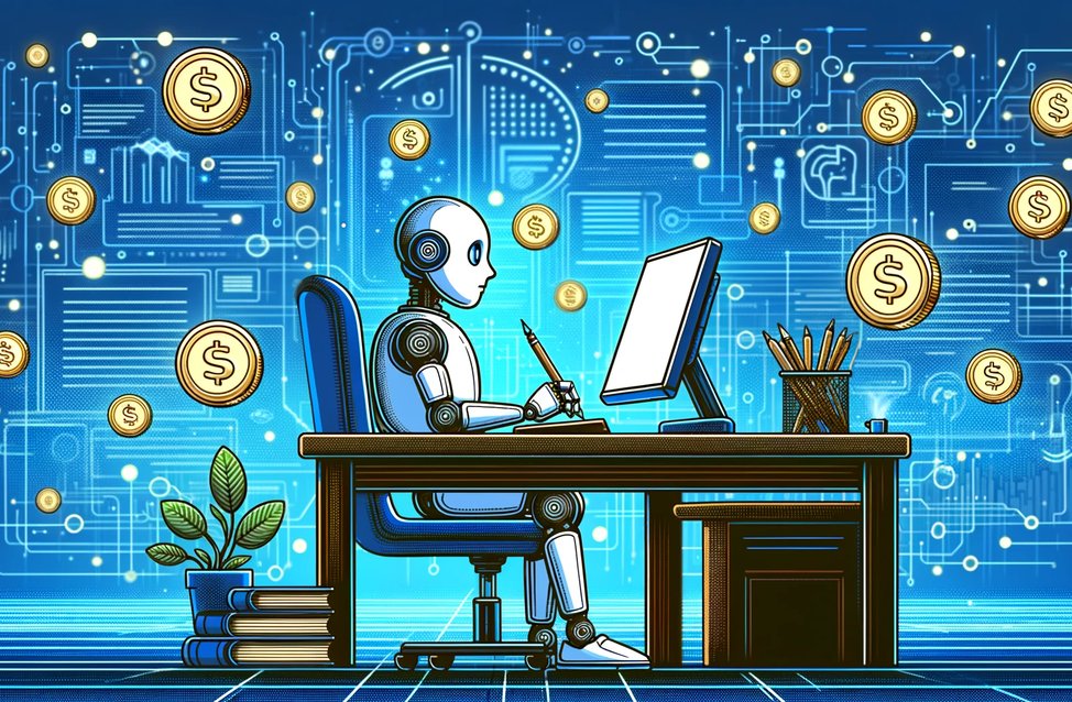 A wide, landscape-oriented illustration showcasing a robot sitting at a desk, deeply engrossed in writing. The robot is surrounded by a digital enviro