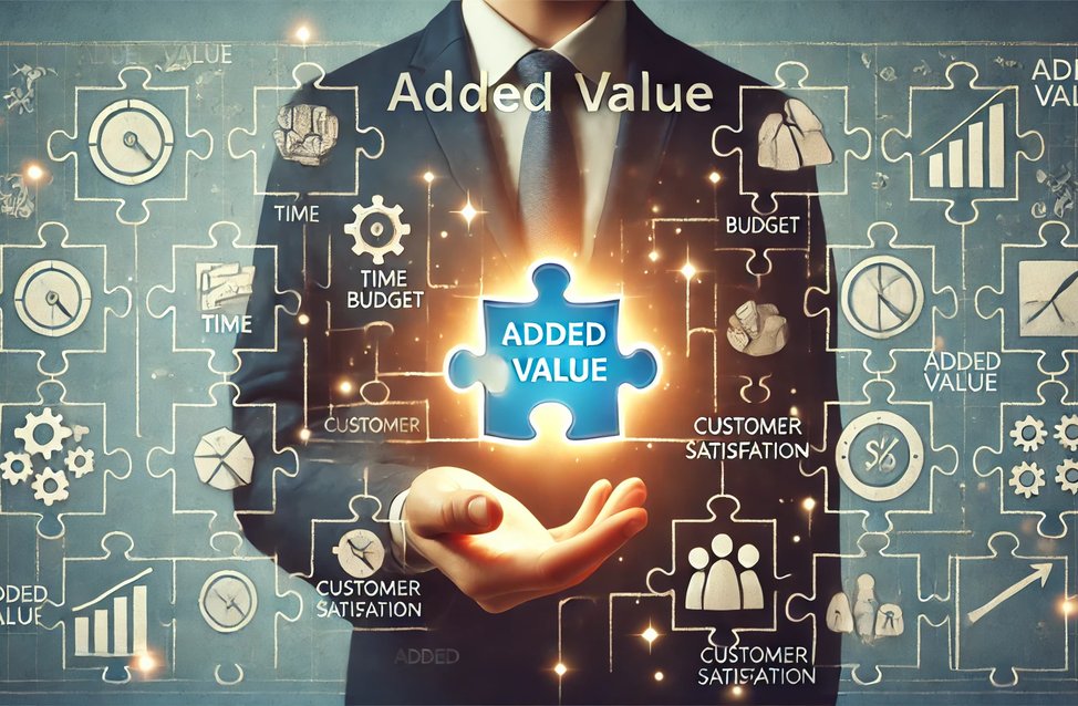 A wide landscape illustration representing the concept of 'added value' in a business context. The image should feature a hand holding a glowing puzzl