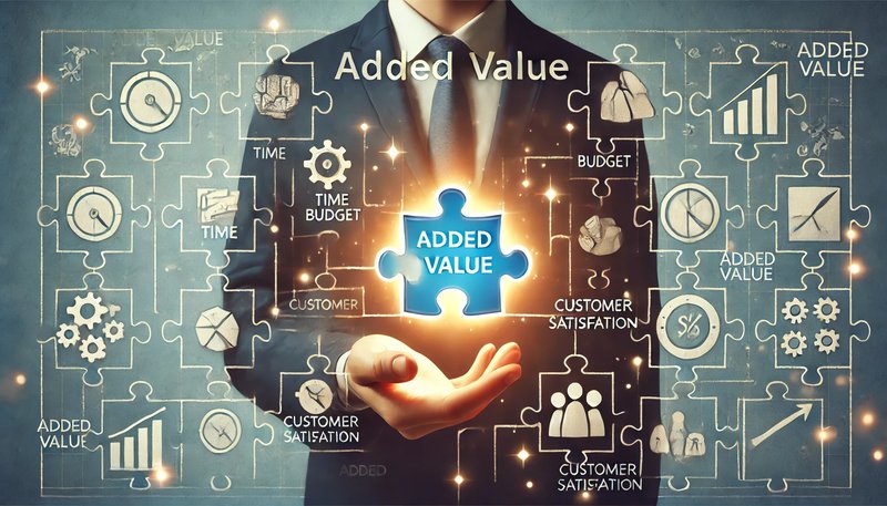 A wide landscape illustration representing the concept of 'added value' in a business context. The image should feature a hand holding a glowing puzzl