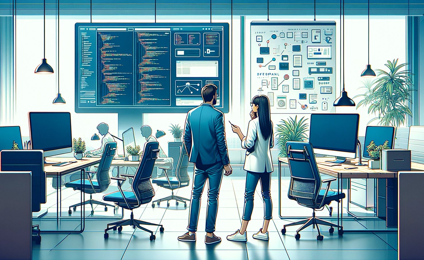 Create a landscape format poster featuring two individuals in a contemporary setting, standing in front of a modern computer, planning how to build or