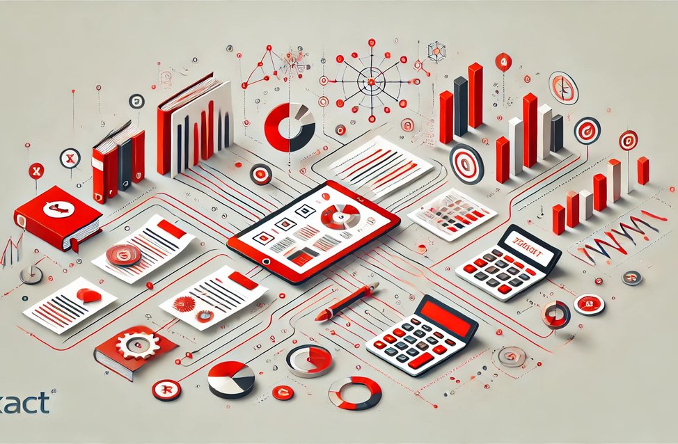 Exact A landscape format image representing the integration of bookkeeping systems, inspired by the Exact brand. The design features a red color palette sim