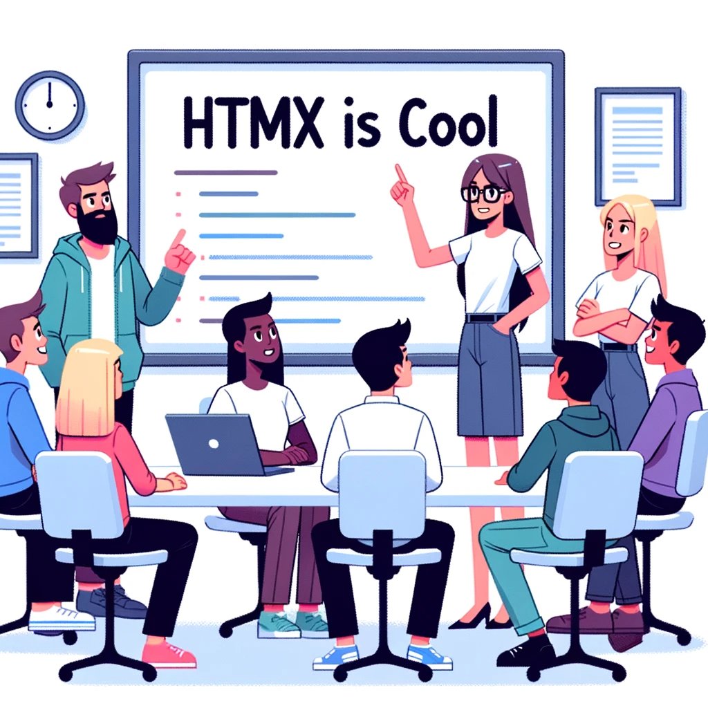 Illustration of a diverse group of developers in a brainstorming session. A European female developer stands up, pointing to a whiteboard where 'HTMX
