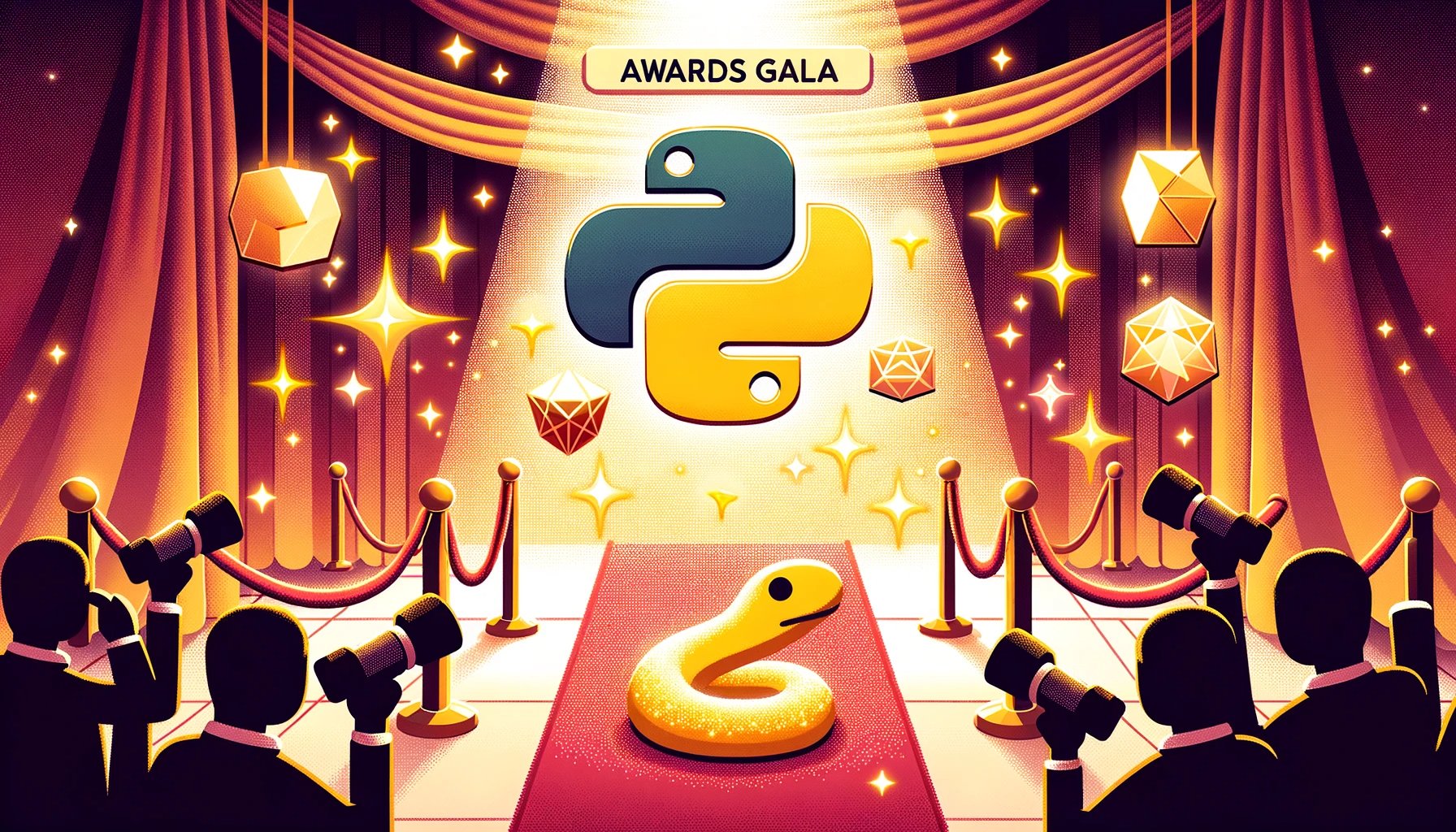 Illustration of a red carpet event with a twist. A Python logo floats above the carpet surrounded by golden sparkles, followed by a glowing JavaScript