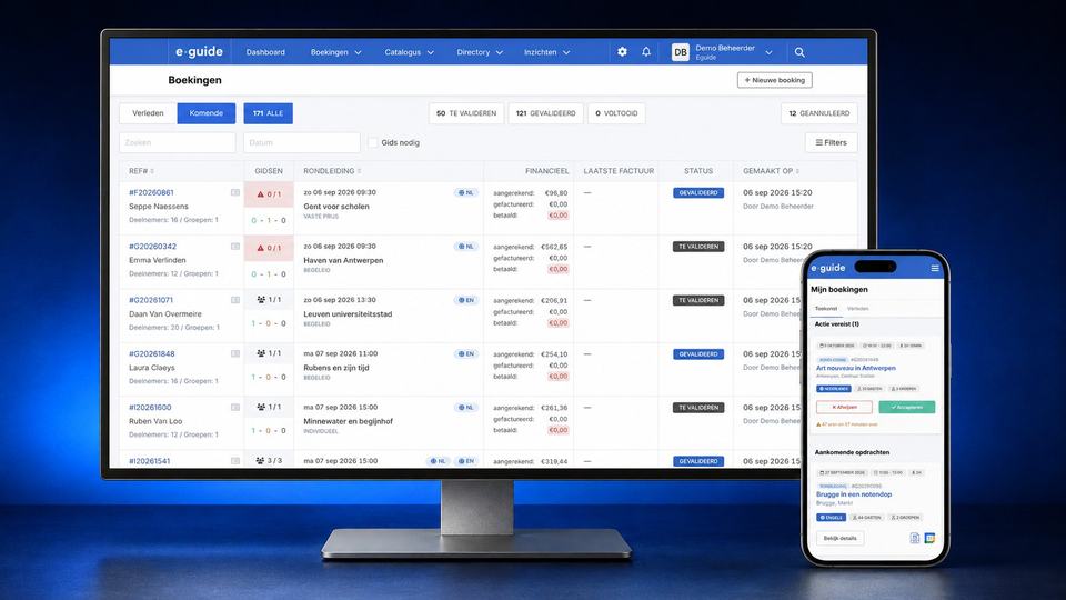 Het boekingsoverzicht van Eguide op een groot scherm, met de app voor gidsen op een telefoon