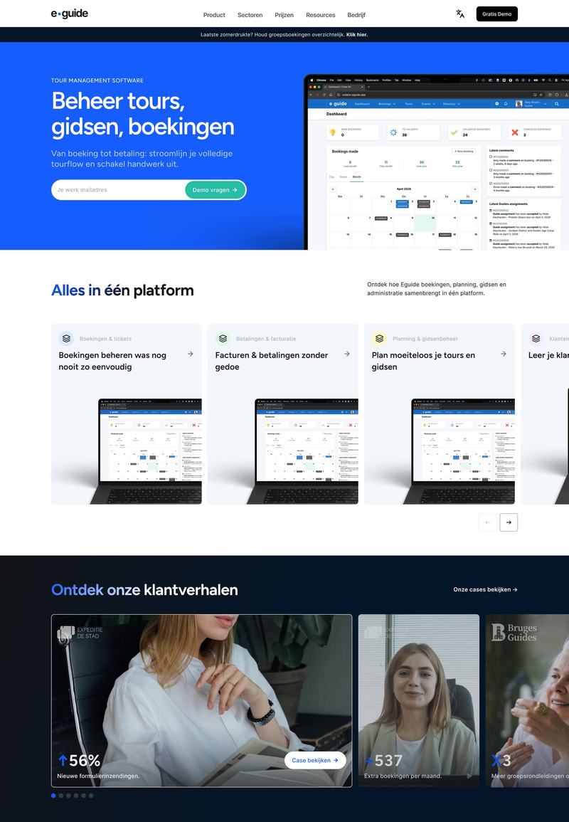 Een volledige schermafdruk van de homepage van eguide.app.
