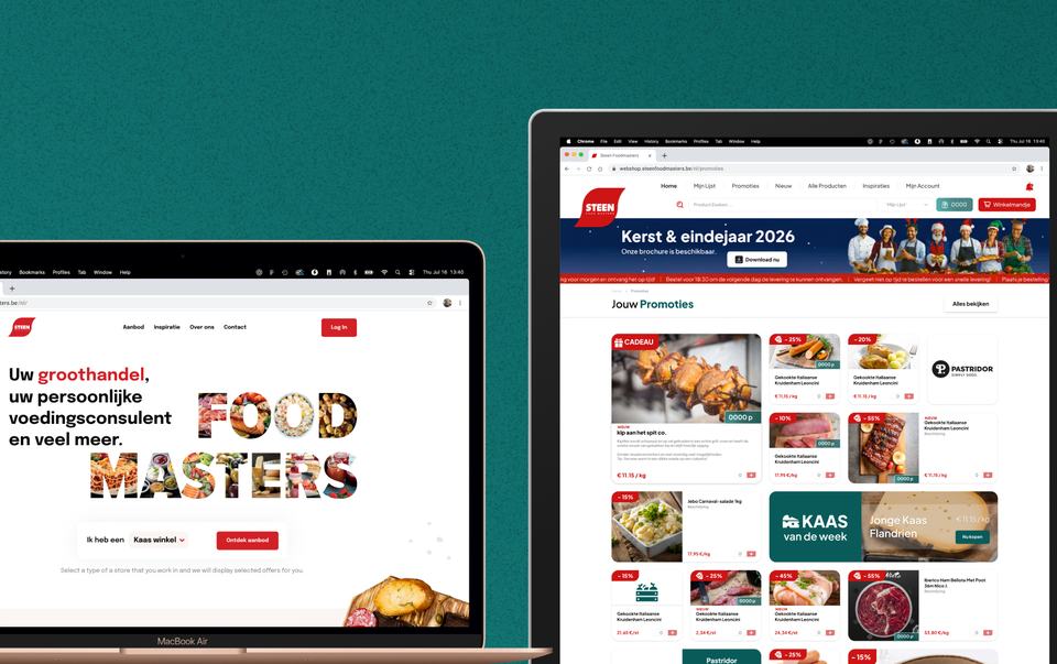 De website en de webshop van Steen Foodmasters op een laptop en een groot scherm