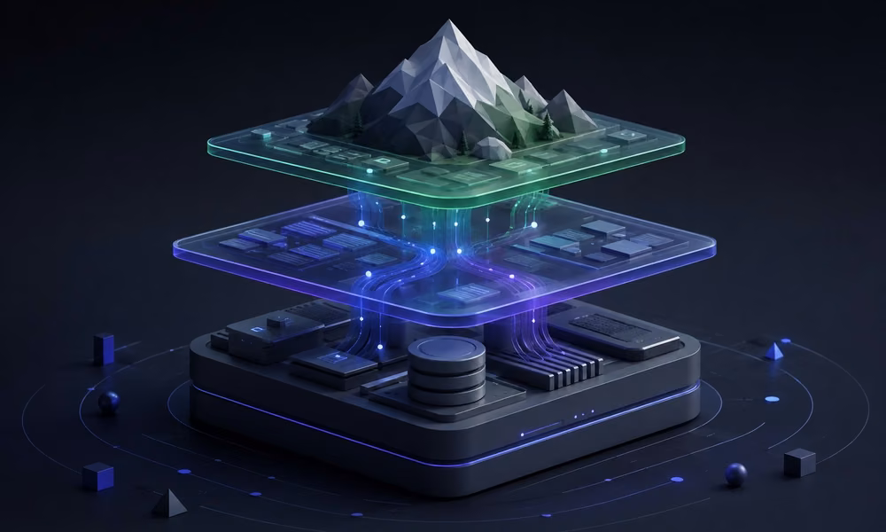 Abstracte illustratie van een gelaagde, duurzame webarchitectuur met een serverfundament, lichte interactielaag en alpine accent.