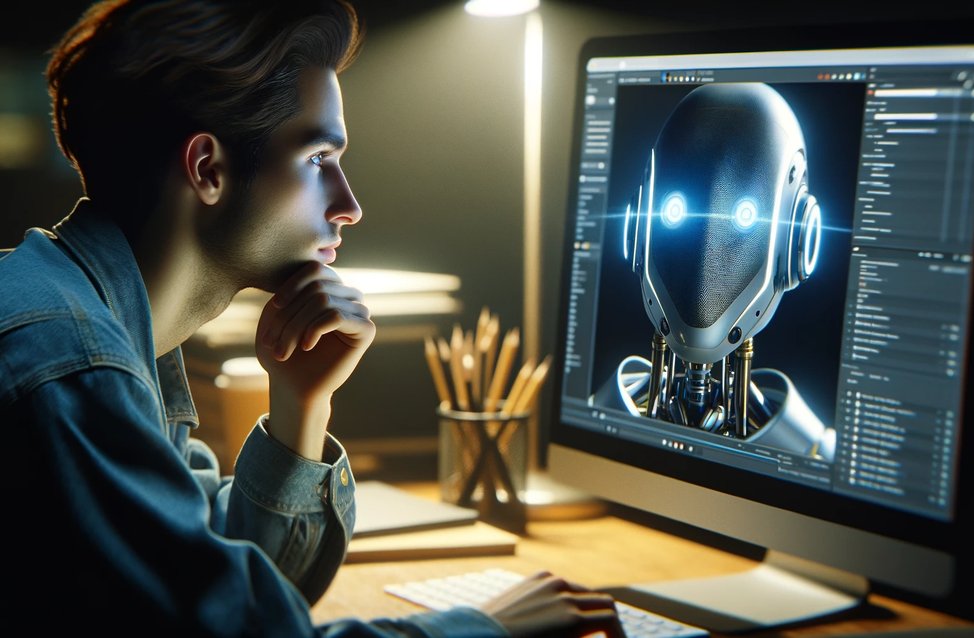 fotorealistische close-up afbeelding van een persoon die aan een bureau zit en direct naar een computerscherm kijkt, waarop een rob