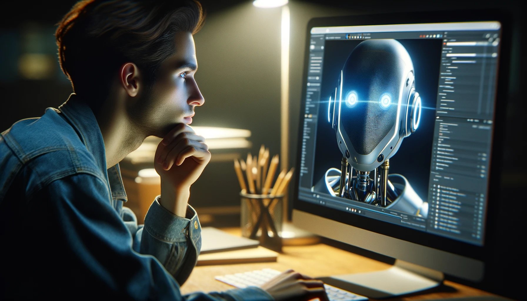 fotorealistische close-up afbeelding van een persoon die aan een bureau zit en direct naar een computerscherm kijkt, waarop een rob
