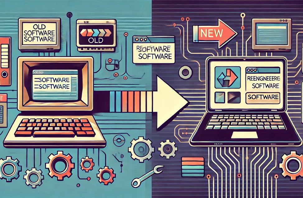 illustration showing the process of reengineering old software into new software. On the left, depict an old, outdated computer with an old-s