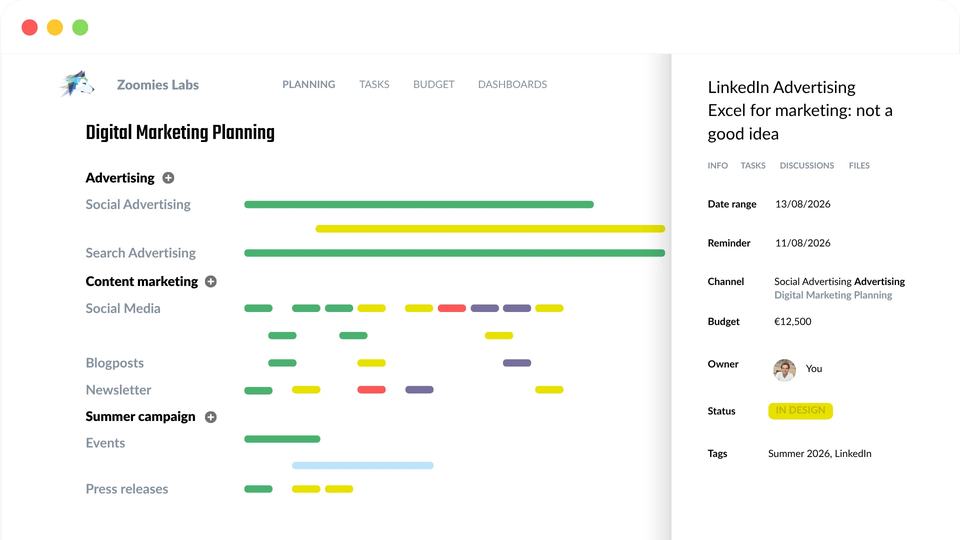 De marketingplanning in Husky Marketing Planner, met de profielfoto's van de collega's die eraan werken.